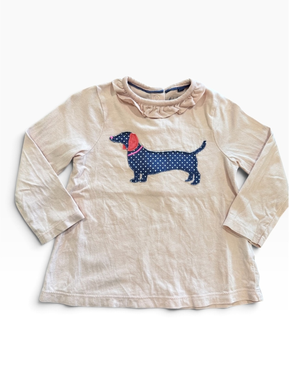 Toddler Girls Long Sleeve Pink Shirt with Polka Dot Dachshund Applique and Rruff